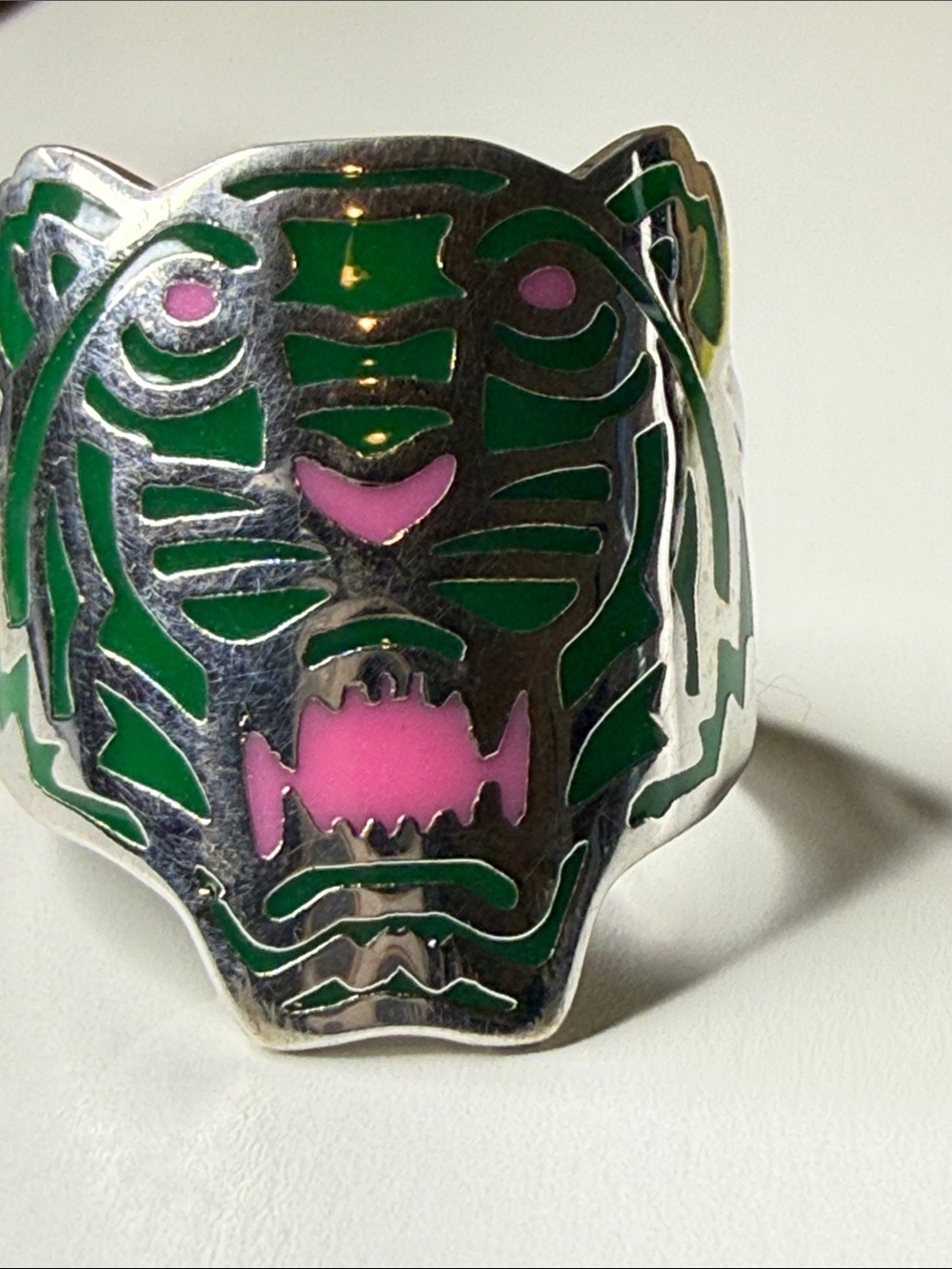 Kenzo lux green & pink enamel high end Tiger Face Statement fashion Ring